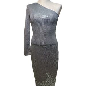 Boohoo dress sequin one shoulder cocktail Pewter midi fashion dress Sz 4
